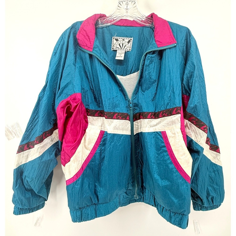 Vintage Sunterra Windbreaker Jacket Womens Medium Teal Magenta 80s Colorblock